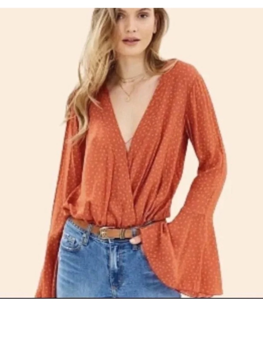 Free People Orange makin Waves Polka Dot Bodysuit bell sleeves size small